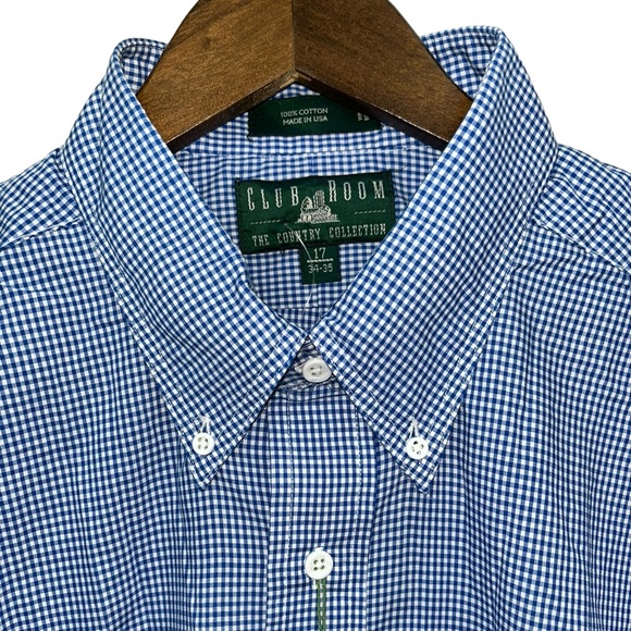SOLD Club Room Men’s Country Collection Blue Gingham Long Sleeve Sz 17 34-35 - Picture 4 of 7